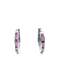 10K White Gold 0.16cttw Genuine Ruby & 0.03cttw Diamond Hoop Huggie Hinged Earrings