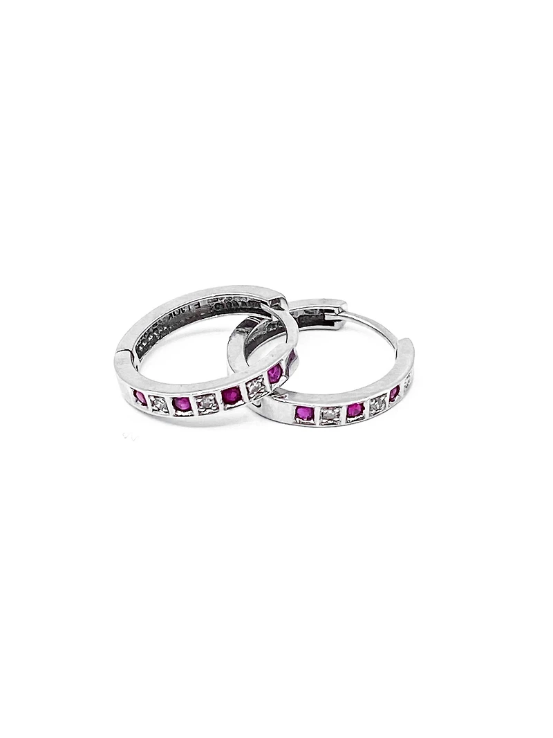 10K White Gold 0.16cttw Genuine Ruby & 0.03cttw Diamond Hoop Huggie Hinged Earrings