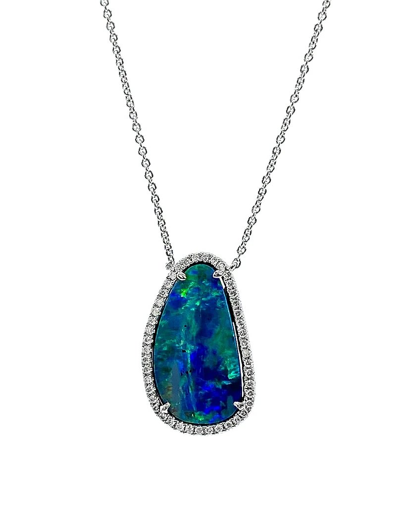 14K White Gold Custom Made 5.58cttw Boulder Opal and 0.24cttw Diamond Pendant - 18 Inches