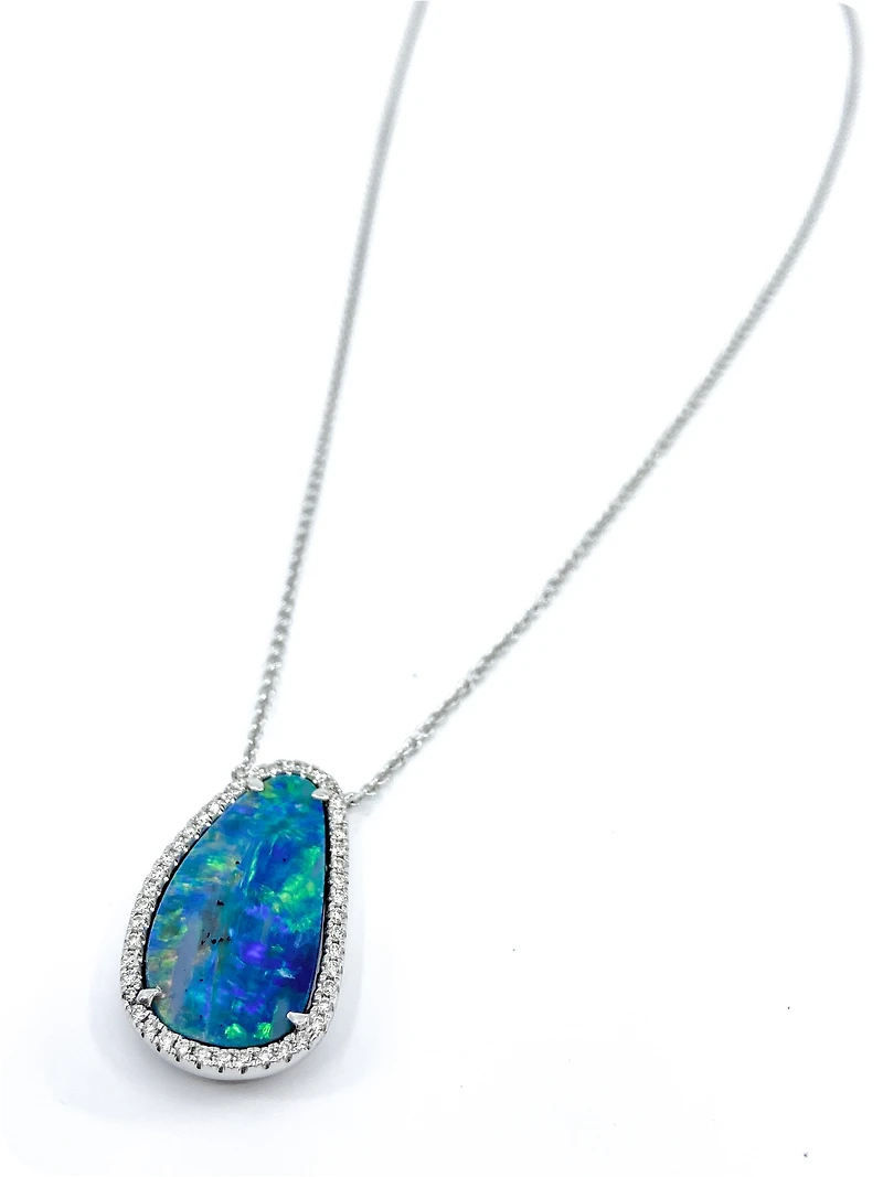 14K White Gold Custom Made 5.58cttw Boulder Opal and 0.24cttw Diamond Pendant - 18 Inches