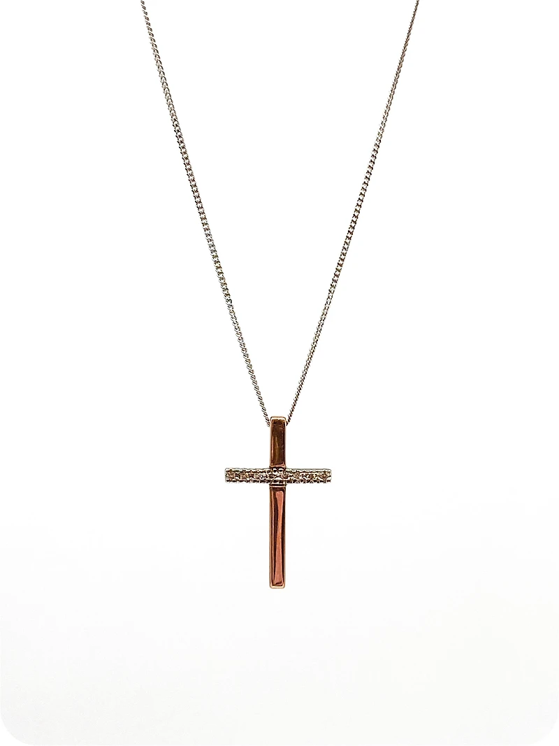 10K White & Rose Gold 0.02cttw Diamond Cross Pendant, 18"