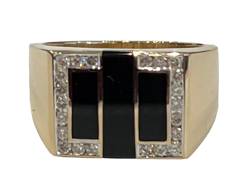 14K Yellow Gold 0.43cttw Diamond and Onyx Gents Ring - 8