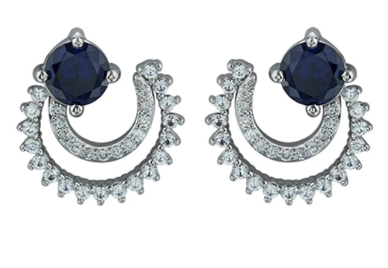 10K White Gold Created Blue Sapphire, Created White Sapphire and Diamond Earrings