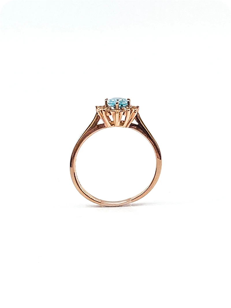 10K Rose Gold 1.20cttw Genuine Oval Cut Blue Zircon and 0.09cttw Diamond Halo Ring, size 7