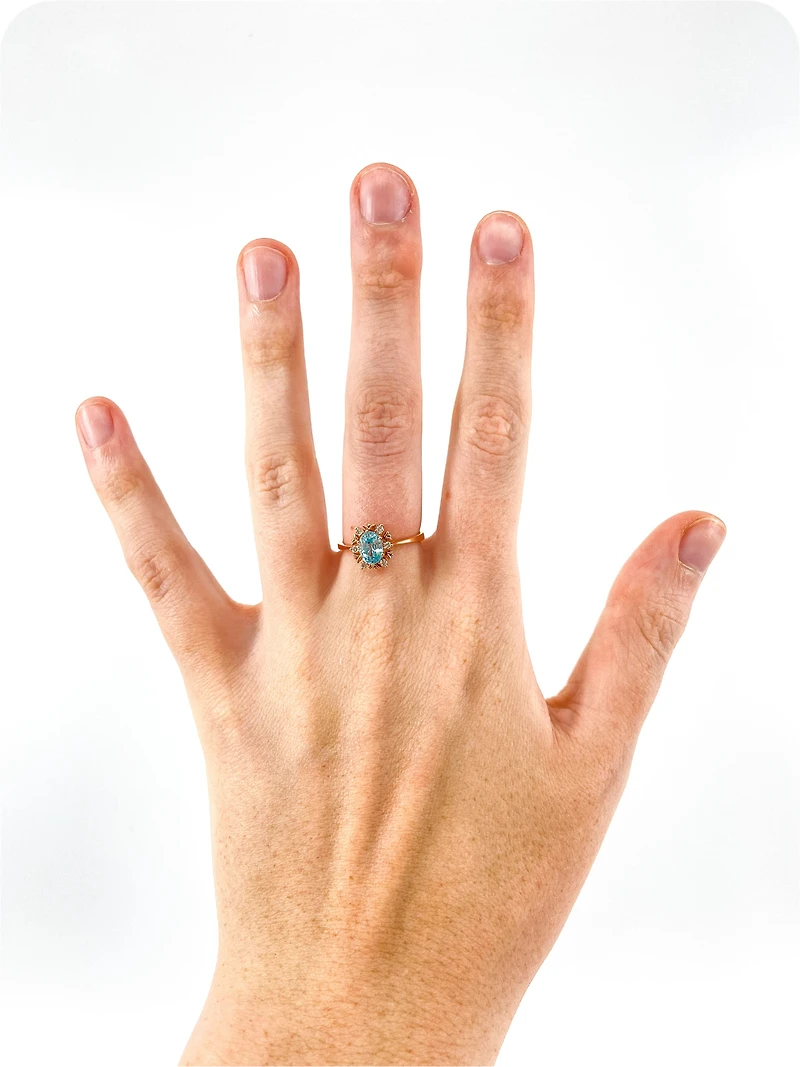 10K Rose Gold 1.20cttw Genuine Oval Cut Blue Zircon and 0.09cttw Diamond Halo Ring, size 7
