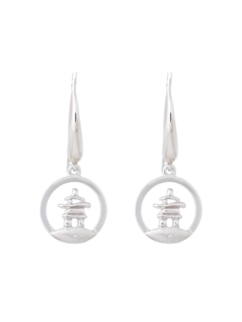 925 Sterling Silver 0.01cttw Canadian Diamond Inukshuk Dangle Earrings