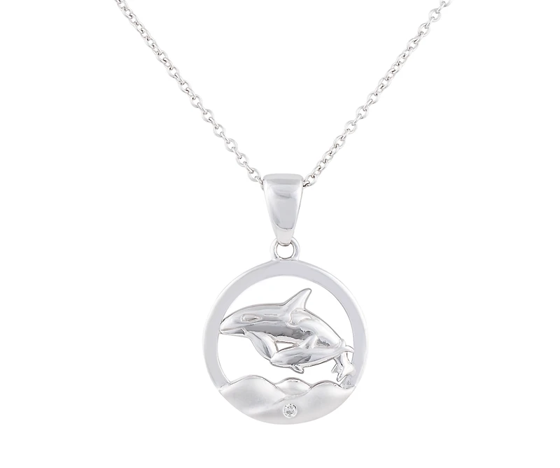 925 Sterling Silver 0.015cttw Canadian Diamond Mother and Baby Orca Whale Pendant