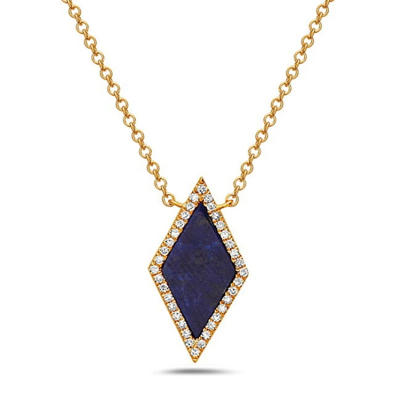 14K Yellow Gold 0.63cttw Lapis Lazuli and 0.09cttw Diamond Necklace, 18"