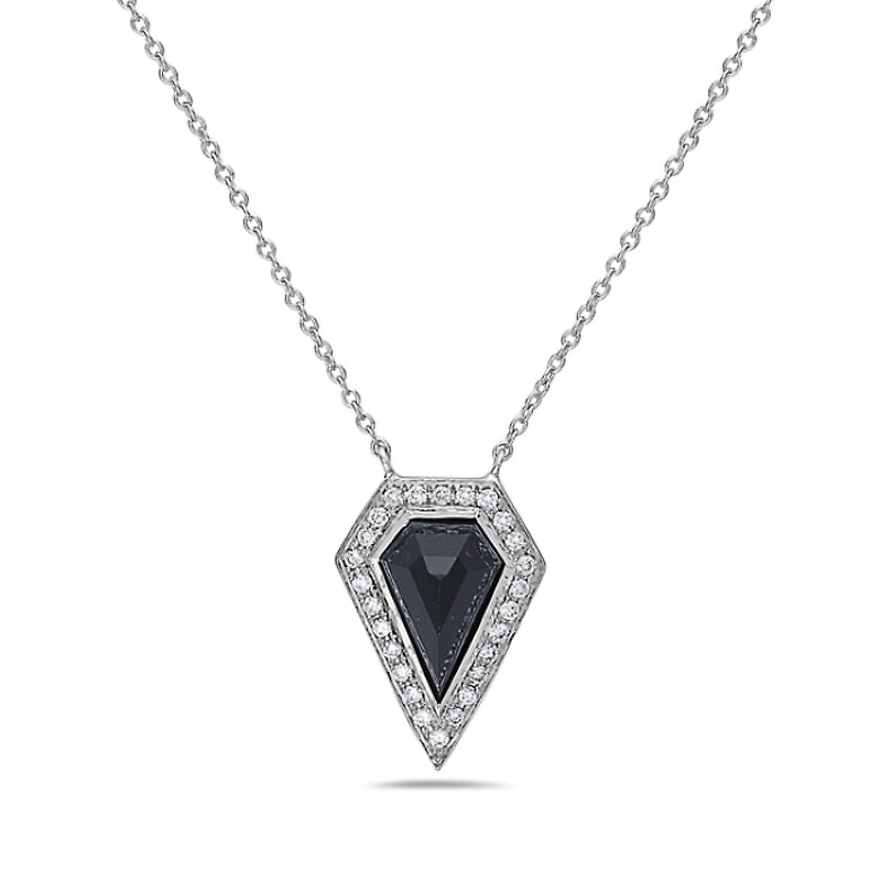14K White Gold 0.78cttw Onyx and 0.10cttw Diamond Necklace - 18 Inches