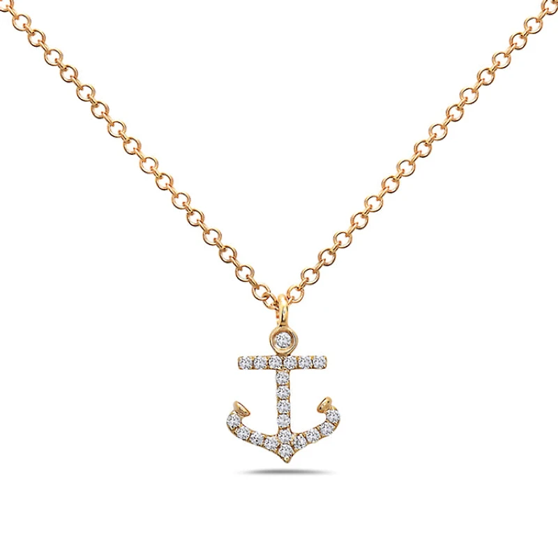 14K Yellow Gold 0.07cttw Diamond Anchor Pendant, 18"