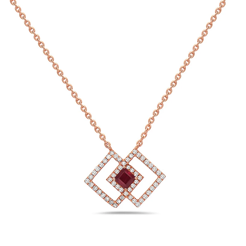 14K Rose Gold Ruby and Diamond Necklace, 18"
