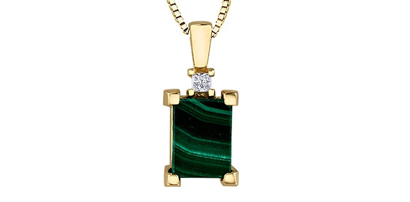 10K Genuine Malachite & 0.044cttw Canadian Diamond Pendant, 18"