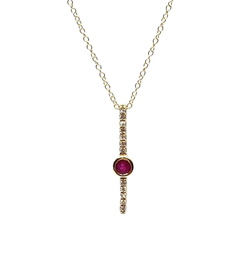 10K Yellow Gold 0.08cttw (2.5mm) Ruby and 0.05cttw Diamond Necklace with Cable Chain (Spring Clasp) - Adjustable 17 - 18 Inches