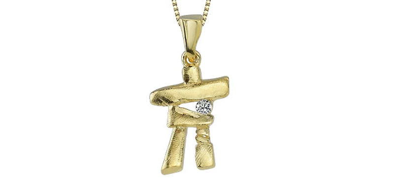 10K Yellow Gold 0.054cttw Diamond Inukshuk Pendant, 18"
