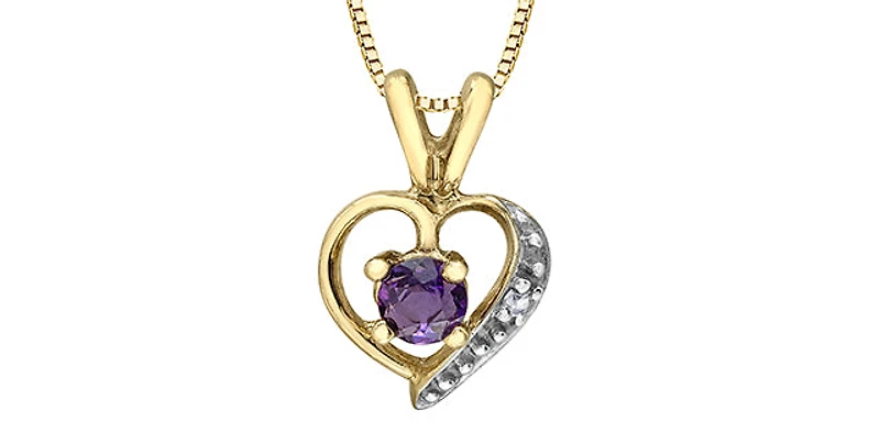 10K Yellow Gold Amethyst and Diamond Heart Pendant, 18"