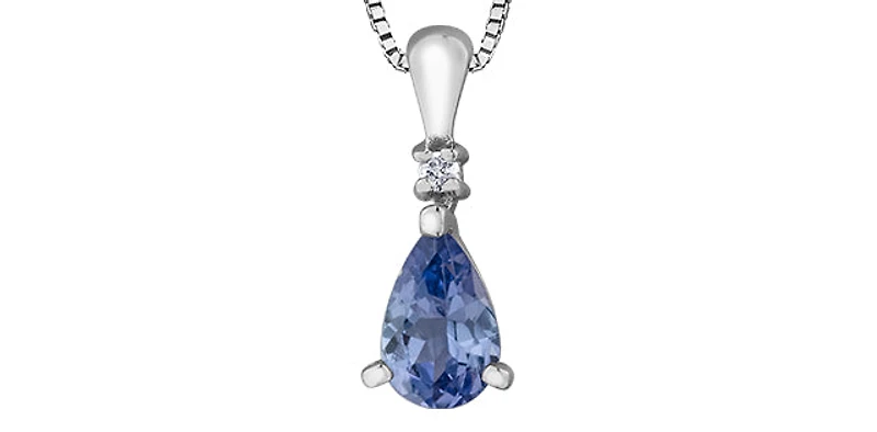 10K White Gold Genuine Tanzanite & Diamond Pendant - 18"