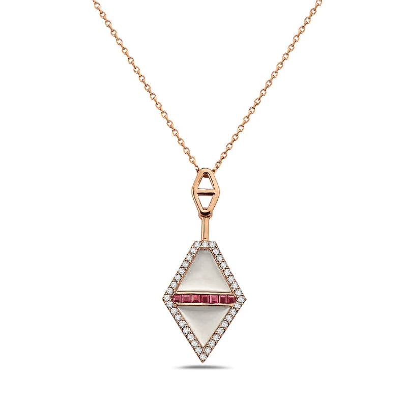 14K Rose Gold Ruby, Mother of Pearl and Diamond Necklace, 18"