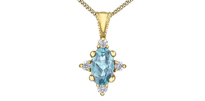 10K Yellow Gold 0.22cttw Aquamarine and 0.03cttw Diamond Pendant, 18"