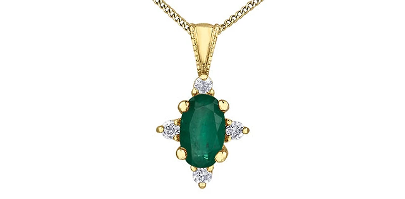 10K Yellow Gold 5x3mm Emerald and 0.03cttw Diamond Pendant