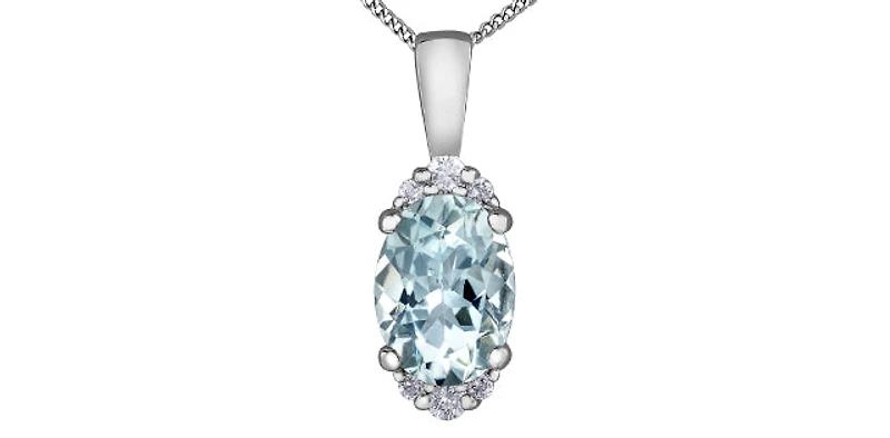 10K White Gold Oval Shape Aquamarine & 0.05cttw Diamond Pendant - 18"