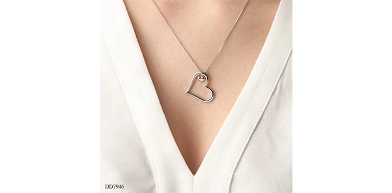 Sterling Silver & 10K Rose Gold 0.02cttw Diamond Double Heart Pendant, 18"