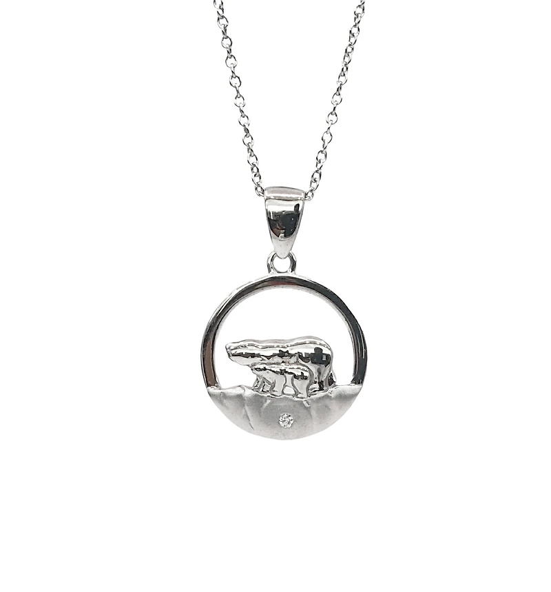 925 Sterling Silver 0.015cttw Canadian Diamond Mother Bear and Cub Pendant