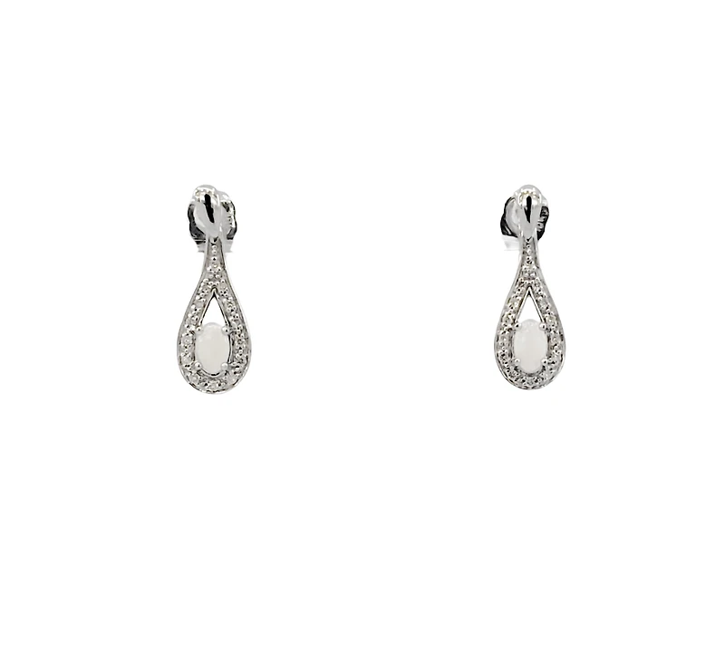 10K White Gold 5x3mm Oval Cut White Opal and 0.115cttw Diamond Dangle Earrings with Butterfly Backings