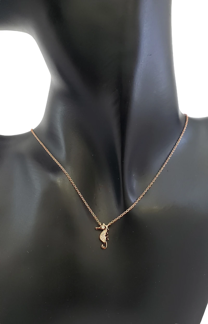 14K Rose Gold 0.03cttw Diamond Seahorse Pendant, 18"