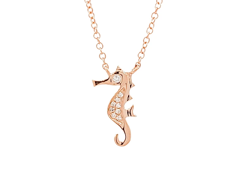 14K Rose Gold 0.03cttw Diamond Seahorse Pendant, 18"