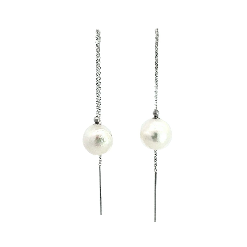 14K White Gold 9mm Cultured Pearl "Threader" Earring