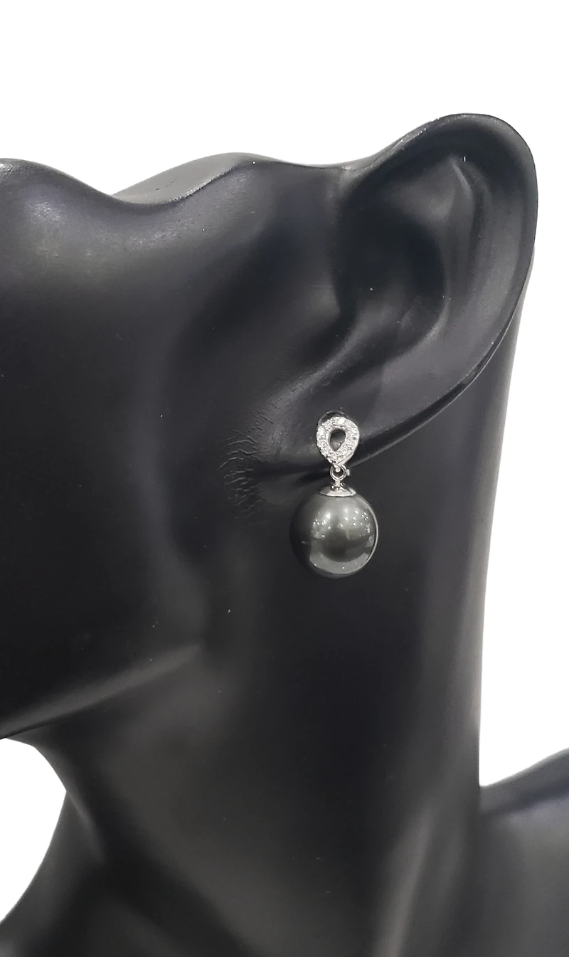 14K White Gold Tahitian Pearl and Diamond Dangle Earrings with Butterfly Back Closure