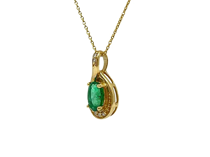 10K Yellow Gold 6x4mm Emerald and 0.03cttw Diamond Pendant, 18"