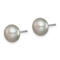 Sterling Silver Rhodium Plated 8-9mm Fresh Water Cultured Pearl Button Stud Earring Set