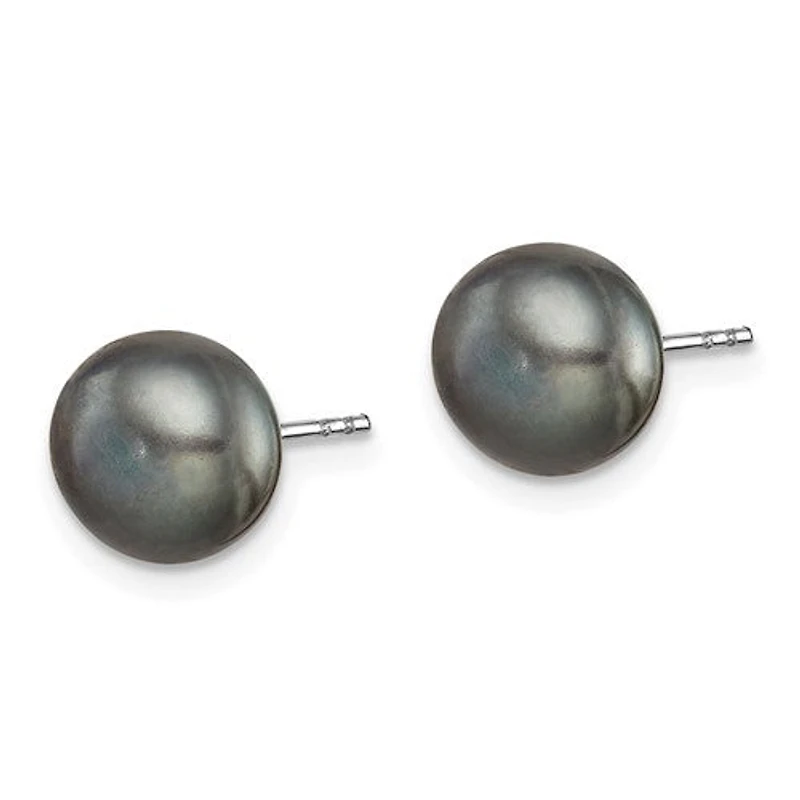 Sterling Silver Rhodium Plated 8-9mm Fresh Water Cultured Pearl Button Stud Earring Set