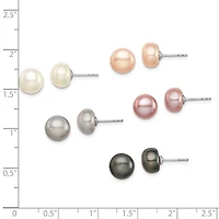 Sterling Silver Rhodium Plated 8-9mm Fresh Water Cultured Pearl Button Stud Earring Set