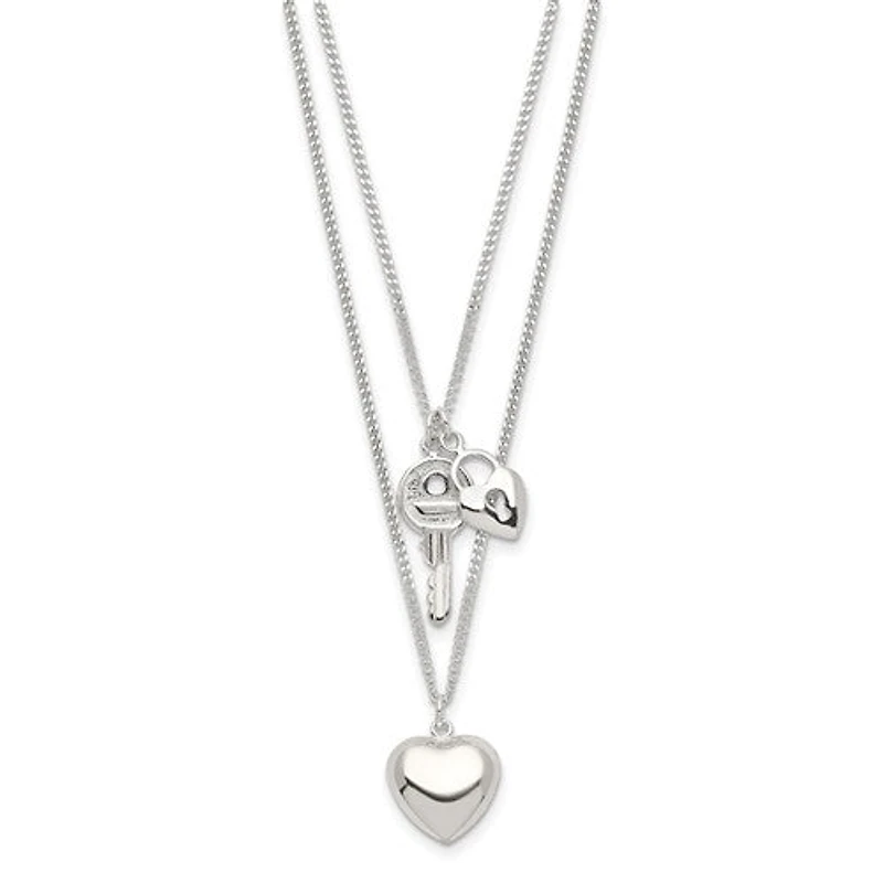 Sterling Silver 2-Strand Heart and Key Necklace - 18"