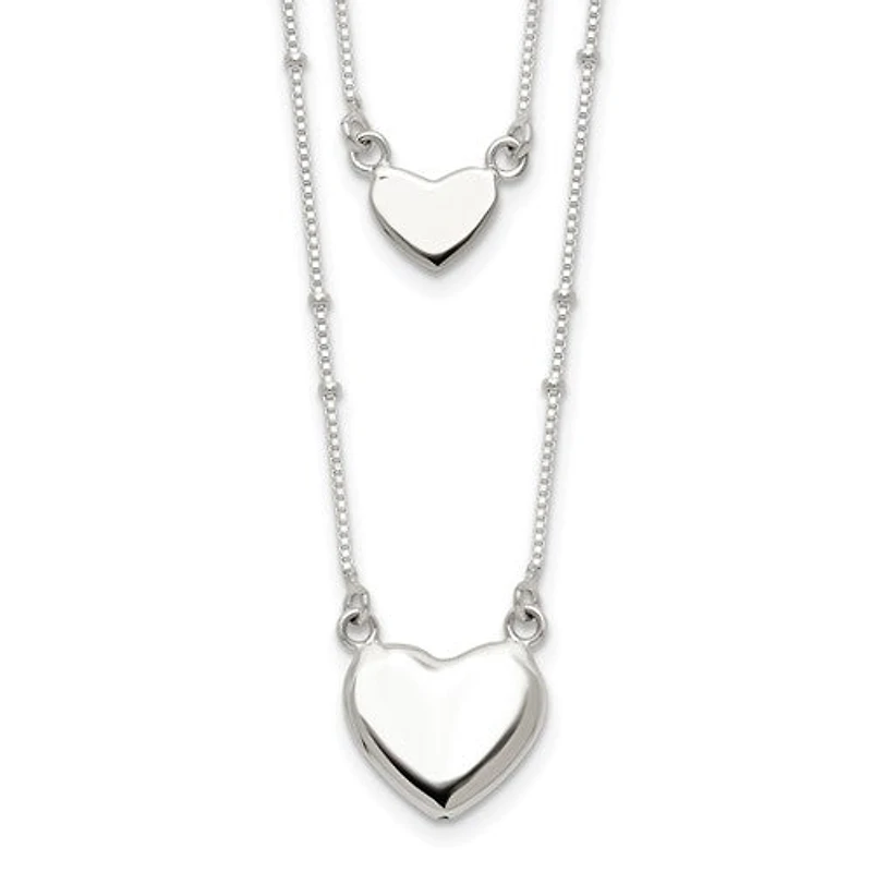 Sterling Silver Polished 2-Strand Heart Dangle Necklace - 18"