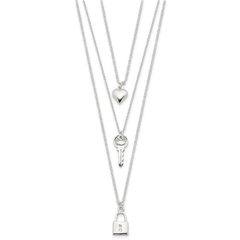 Sterling Silver Lock, Heart and Key Multi-Strand 16in Necklace - 16"