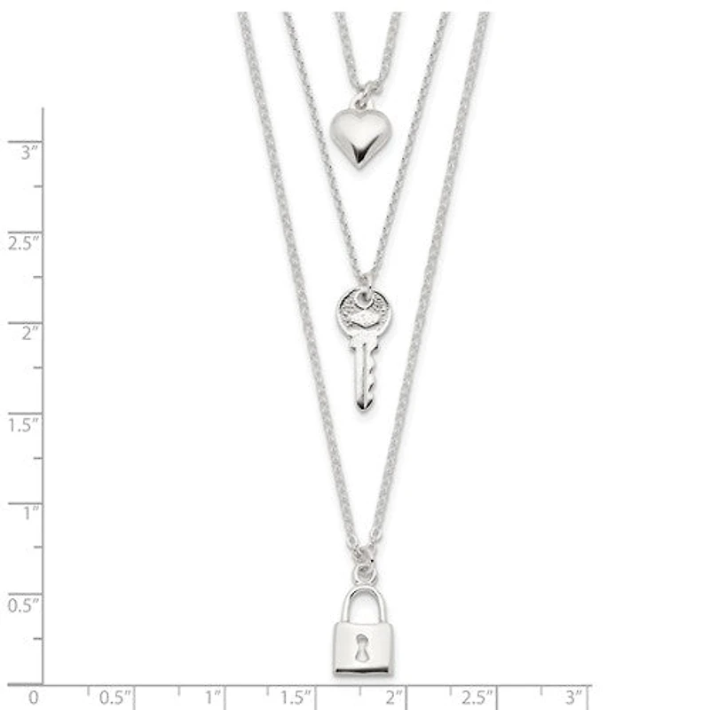 Sterling Silver Lock, Heart and Key Multi-Strand 16in Necklace - 16"