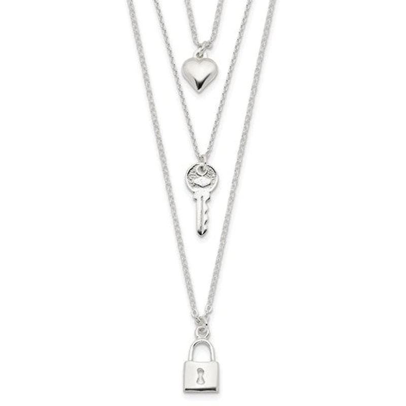 Sterling Silver Lock, Heart and Key Multi-Strand 16in Necklace - 16"
