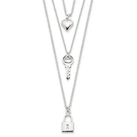 Sterling Silver Lock, Heart and Key Multi-Strand 16in Necklace - 16"