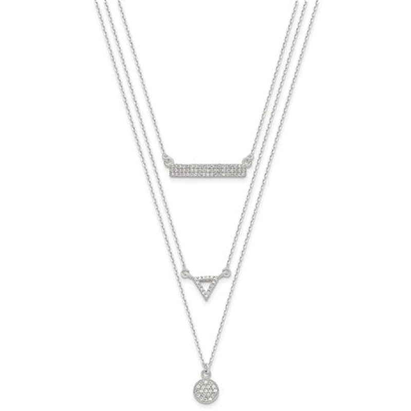 Sterling Silver CZ Circle Triangle and Bar 3-Strand Necklace - 16"