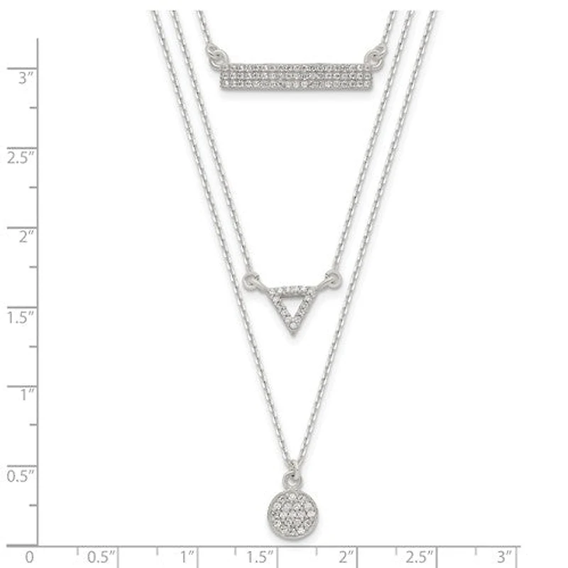 Sterling Silver CZ Circle Triangle and Bar 3-Strand Necklace - 16"