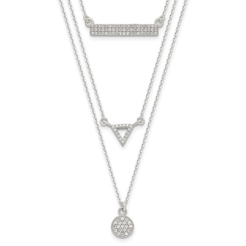 Sterling Silver CZ Circle Triangle and Bar 3-Strand Necklace - 16"