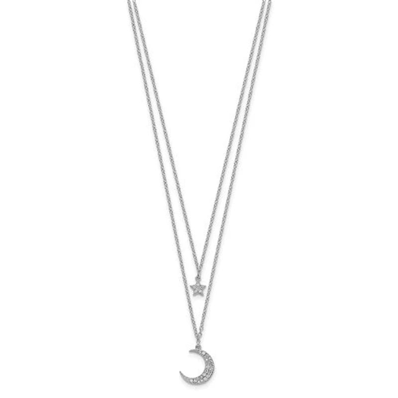 Sterling Silver Rhodium Plated CZ Star and Moon 2in ext 2-strand Necklace - 16"