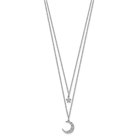 Sterling Silver Rhodium Plated CZ Star and Moon 2in ext 2-strand Necklace - 16"