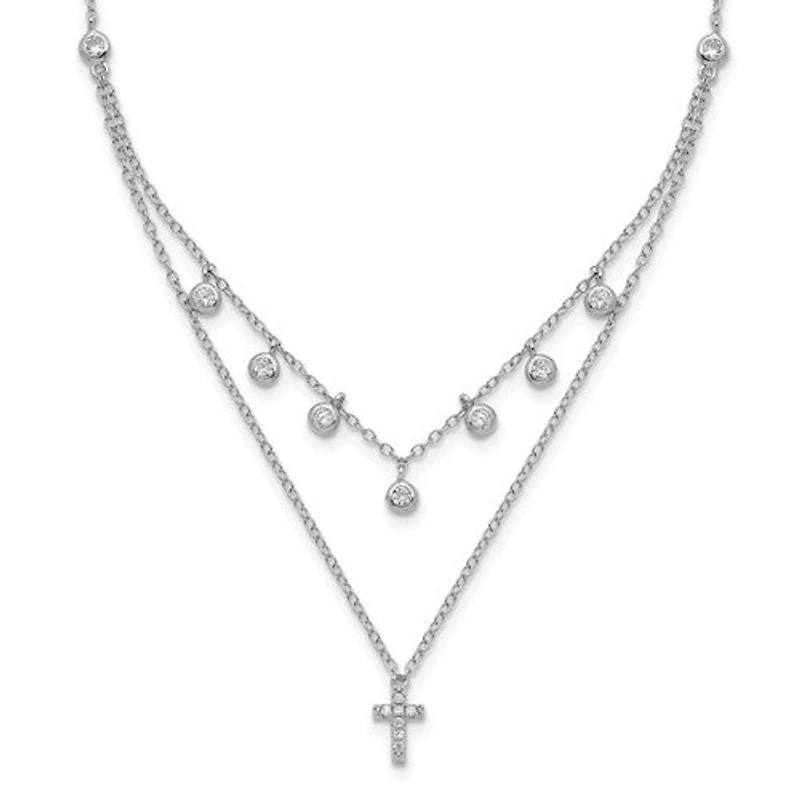 Sterling Silver Rhodium-plated CZ Cross with 2in ext. Necklace - 16-18"