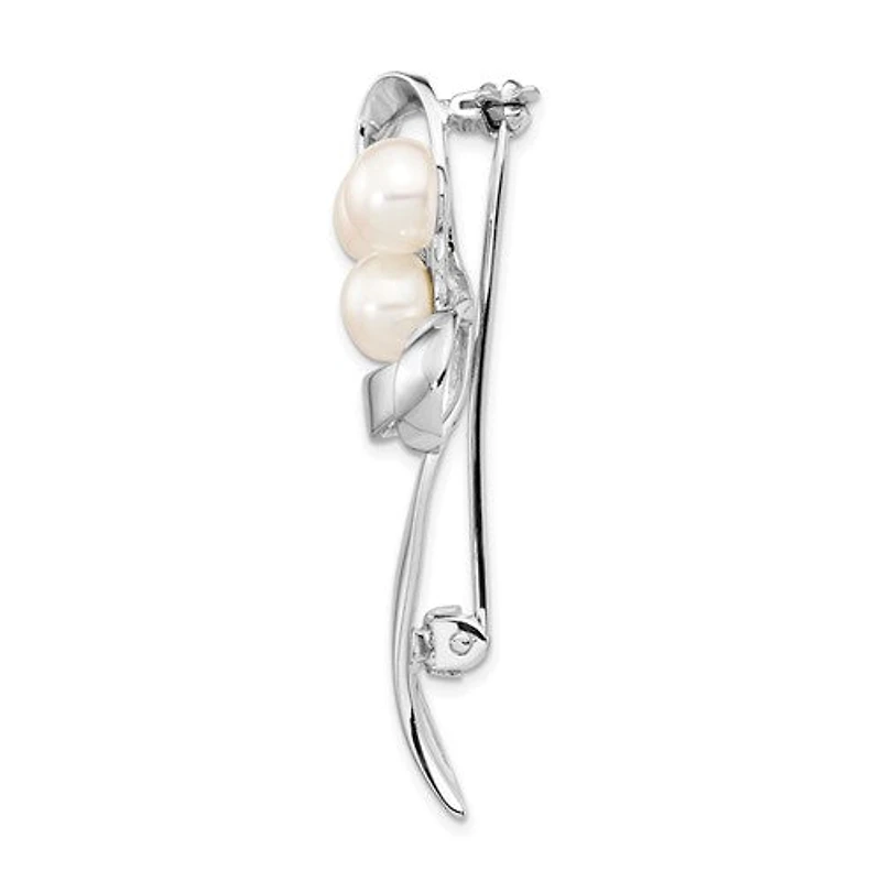 Sterling Silver Rhodium-plated Ribbon with 7-8mm White Button Freshwater Cultured Pearls Pin Brooch