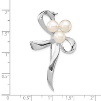 Sterling Silver Rhodium-plated Ribbon with 7-8mm White Button Freshwater Cultured Pearls Pin Brooch