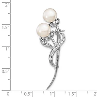 Sterling Silver Rhodium-plated Flowers with Cubic Zirconia and 7-8mm White Button Freshwater Cultured Pearls Pin Brooch
